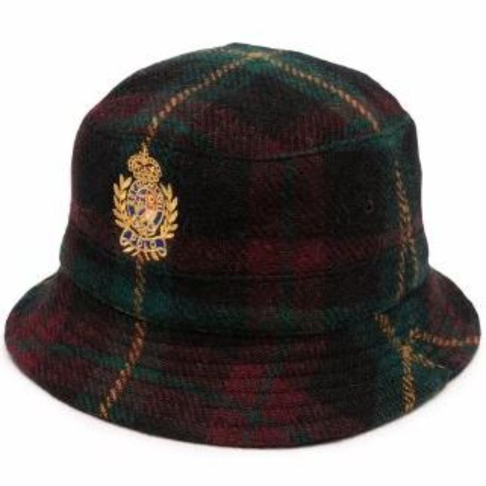 Polo by Ralph Lauren Green and Burgundy Plaid Wool Bucket Hat with Gold Crest